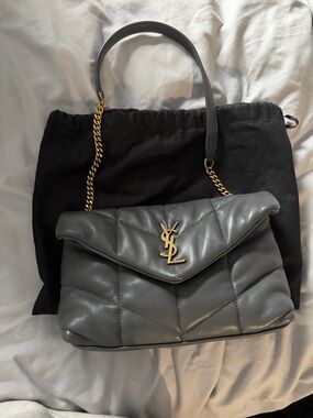 Saint Laurent Grey Quilted Loulou Shoulder Bag with Gold Hardware
